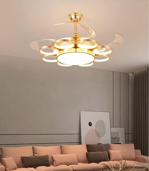 Ventilateur de plafond CITRA Invisible 6 anneaux dorés avec télécommande et 4 pales en ABS - Blanc chaud