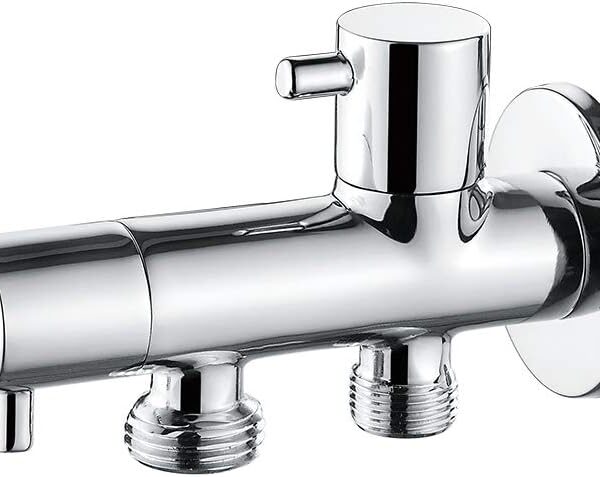 Robinet douchette double sorties,Ibergrif, Vanne d'angle à deux sorties (1/2", 3/8"), chromé