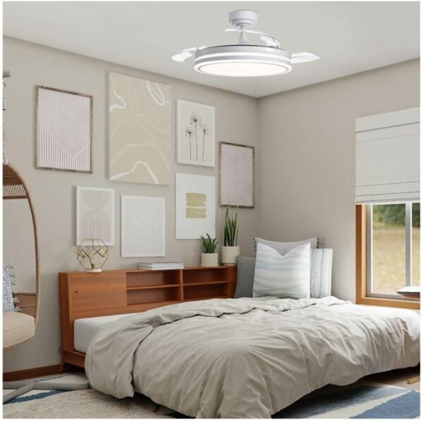 CJOY Ventilateur de Plafond avec Lumière LED Dimmable Télécommande, Ø122 cm Ventilateur Plafond Blanc Silencieux, 4 Pales Réversible AC Été-Hiver, Minuterie, Blanc + Bois [Classe énergétique E]