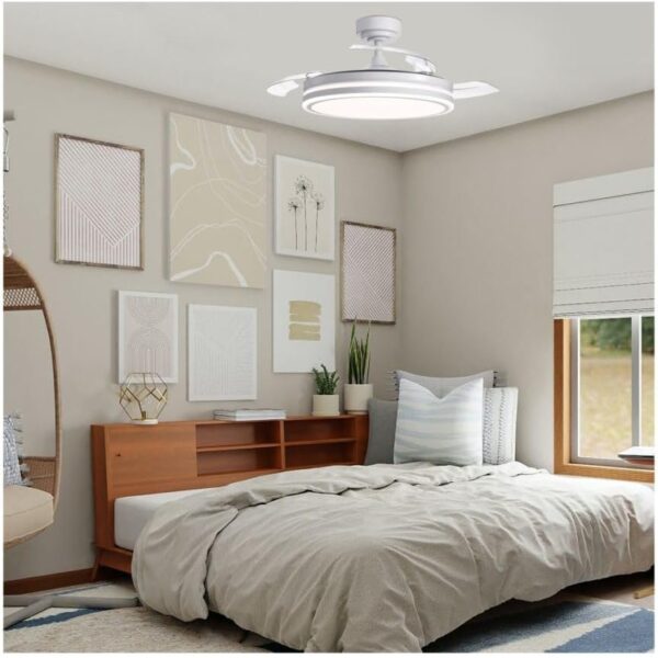 CJOY Ventilateur de Plafond avec Lumière LED Dimmable Télécommande, Ø122 cm Ventilateur Plafond Blanc Silencieux, 4 Pales Réversible AC Été-Hiver, Minuterie, Blanc + Bois [Classe énergétique E]
