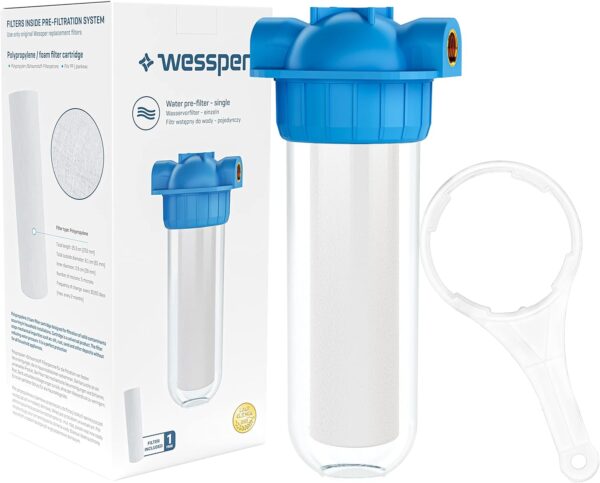 Wessper Préfiltre pour Pompe à Eau Domestique avec Support de Fixation et Clé, Filtre à Eau Simple avec Cartouche, Système de Filtration d'eau à 1 étage, Boîtier de Filtre à Eau- ¾’