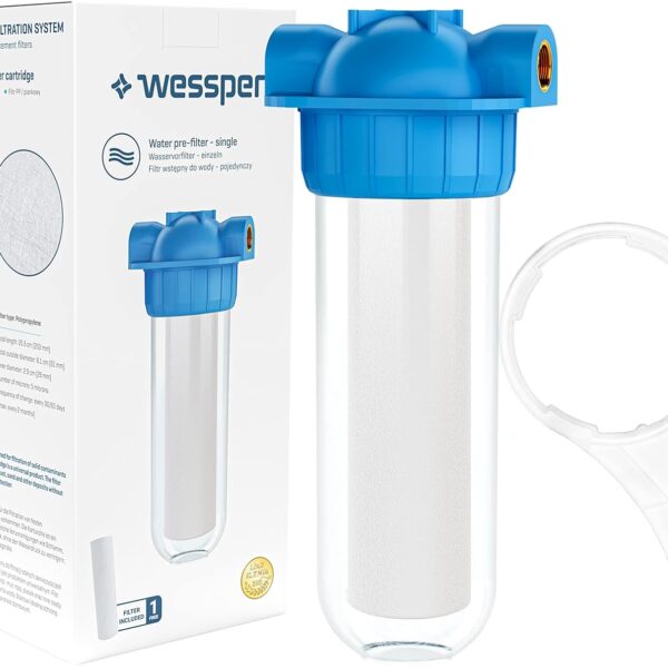 Wessper Préfiltre pour Pompe à Eau Domestique avec Support de Fixation et Clé, Filtre à Eau Simple avec Cartouche, Système de Filtration d'eau à 1 étage, Boîtier de Filtre à Eau- ¾’