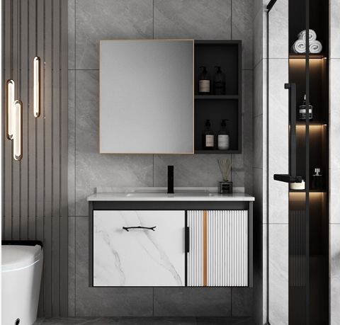 Armoire Lavabo,Vanité de Salle de Bain avec Lavabo, Vanité Flottante en Aluminium pour Salle de Bain, Vanité de Salle de Bain Murale pour Salle de Bain Moderne avec Lavabo Monobloc, Armoire à Miroir à Induction ( Co