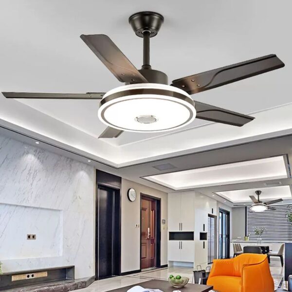 Grand Ventilateur Plafond Avec Lumiere Moderne Bluetooth Lampe Ventilateur Plafond Avec Télécommande 3 Couleurs Réversible Silencieux Lampe Ventilateur 6 Vitesses Salon Double Contrôle-Black||132CM